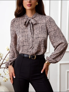 Chemisier à imprimé vintage pour femme avec col en V noué et manches longues