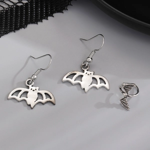 Gothic silver bat jewelry set featuring hanging earrings and an adjustable open ring