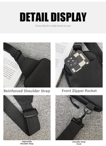 Detail view of black nylon sling bag showing reinforced stitching and adjustable strap