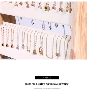 Three-tier wooden necklace display stand with white velvet panels for jewelry storage