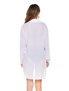 Macro detail of the semi-transparent white chiffon fabric on this beach cover-up shirt