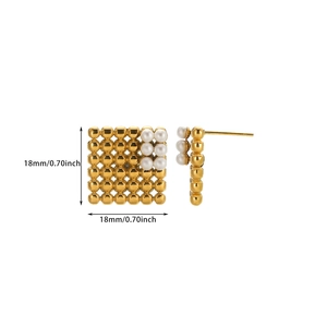 Detail view of 18mm gold square grid stud earrings with white pearl accent dimensions