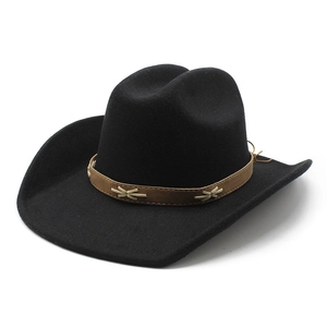 Classic black wide-brim western cowboy hat with brown leather band and decorative stitching