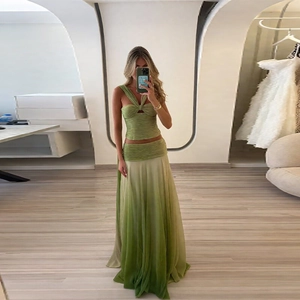 Women Halter Neck Crop Top And Gradient Maxi Skirt Polyester Pleated Backless Summer Vacation Sexy Clothing