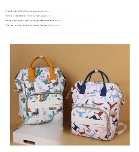 Detailed comparison of two diaper backpacks featuring animal prints and geometric patterns