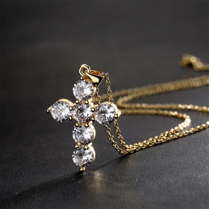 Cross Pendant Necklace Copper Real Gold Plated With Zircon Classic Religious Clavicle Chain For Women