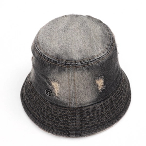 Vintage distressed grey denim bucket hat with ripped details and metallic logo buckle