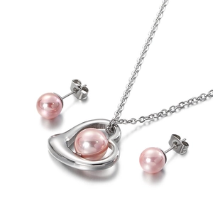 Silver stainless steel jewelry set with heart pendant and pink pearl accents