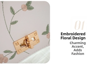 Detailed close-up of floral embroidery and golden twist lock on a small square bag
