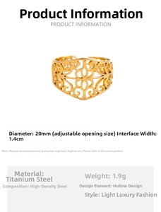 Detailed view of golden hollow pattern titanium steel ring with adjustable size and width