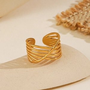 Modern layered gold-plated stainless steel criss-cross open ring for women