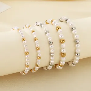 Beaded Bracelet Stainless Steel Polished Metal Glass Artificial Pearls Elegant Adjustable Chain Versatile Fashion Jewelry For Women