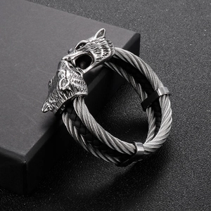 Mens stainless steel braided wire wolf head bracelet with punk viking design