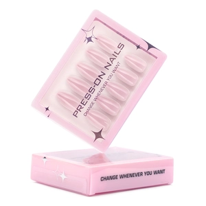Elegant pale pink almond-shaped press-on nails in professional premium packaging