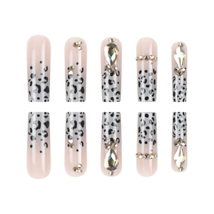 Long coffin leopard print press-on nails in nude pink with luxury rhinestones