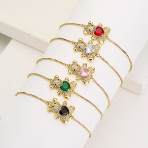 Copper Bracelet With Bear Pendant Heart Shaped Zircon Micro Pave Adjustable Drawstring Jewelry Gift Women