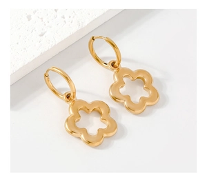 Close-up of gold-plated stainless steel earrings featuring hollow five-petal flower design