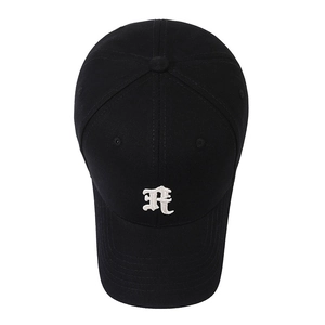 Classic black cotton baseball cap with white gothic letter R embroidery and curved brim