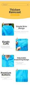 Detail view of thickened blue rain poncho with hood, elastic cuffs and drawstring neck
