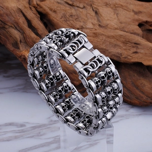 Punk style titanium steel skull bracelet for men with retro wide triple row design