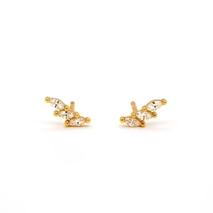 Detailed close-up of golden S925 silver stud earrings with cluster marquise zircon stones