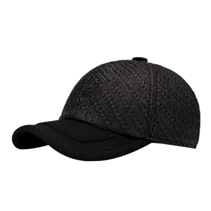 Classic black woven straw baseball cap featuring a premium textured knit visor for summer