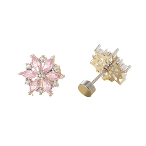 Pink zircon flower titanium steel screw back earrings with gold and silver accents
