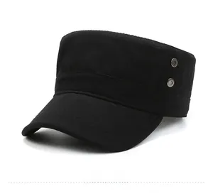 Detailed side view of black cotton military flat cap with metal eyelet decorations