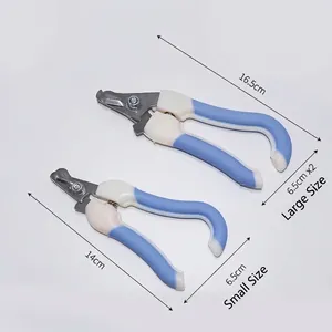 Blue and white pet nail clippers in large and small sizes with length dimensions