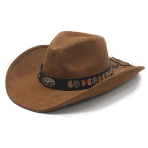 Brown faux suede western cowboy hat with decorative bull head emblem and metal studs