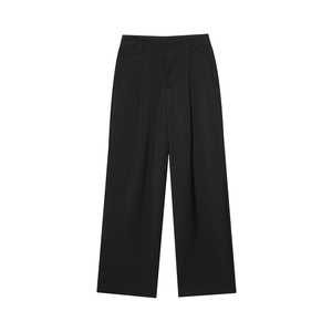Women's casual black wide-leg pleated trousers with high-waist straight fit