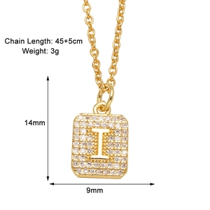 Detailed view of cubic zirconia square pendant with letter I and size specifications