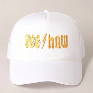White Y2K trucker hat with yellow Yeehaw lightning embroidery and mesh back