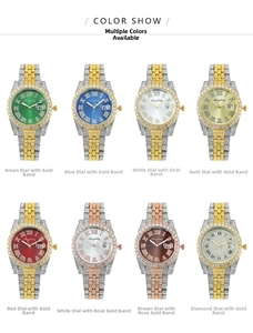 Detail showing various colors of luxury diamond roman numeral watches with date windows