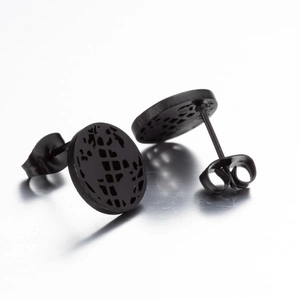 Minimalist black round openwork stud earrings with a geometric grid pattern design