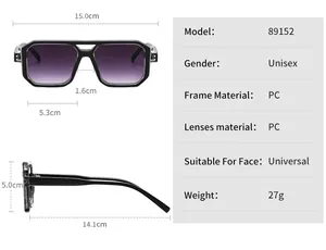 Detailed size chart for unisex double bridge sunglasses with frame measurements