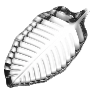 Polished silver leaf-shaped stainless steel serving tray with realistic vein textures