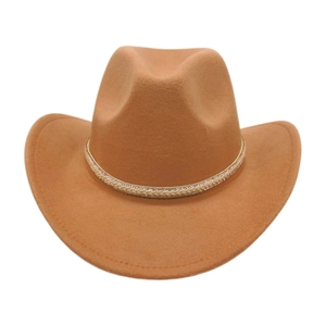 Detailed view of brown felt cowboy hat with gold woven beaded band and stiff texture