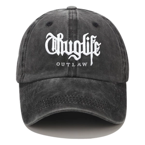 Close-up of Thuglife embroidery on vintage acid-washed cotton baseball cap
