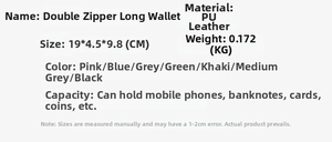 Detailed spec sheet for double zipper PU leather long wallet showing dimensions and weight