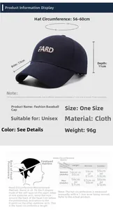 Detailed size guide for the navy blue cotton baseball cap with FARD embroidery