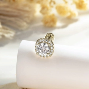 French vintage coffee gold square halo stud earrings with central round sparkling gemstone