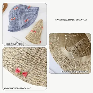 Chapeau de soleil pliable en paille pliable pour femme avec nœud rayé, chapeau plage bleu clair