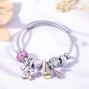 Stainless Steel Wire Bangle With Crystal Butterfly Charm And Love Engraved Round Plate Colorful Beads Fashion Jewelry