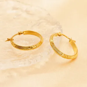 Chic 18K gold plated titanium steel hoop earrings featuring intricate Greek fret pattern