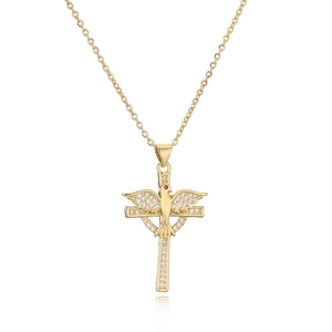 Goldene Kreuzkette mit kristallbesetztem Taubenanhänger und kleinem rotem Edelstein