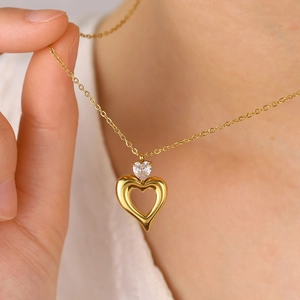 Stainless Steel Heart Jewelry Necklace And Earrings With Zircon PVD 18K Gold Plated Retro Fashion For Women