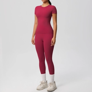 Deep red high-elastic yoga set with slim fit short-sleeve top and high-waist leggings