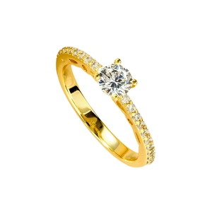 Elegant 14k gold plated moissanite ring with round cut center stone and side accents