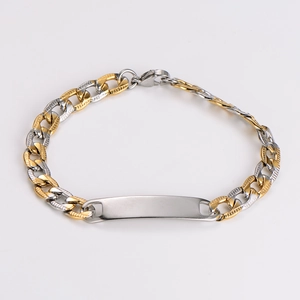 Detail of two-tone gold and silver Cuban chain bracelet with customizable silver bar